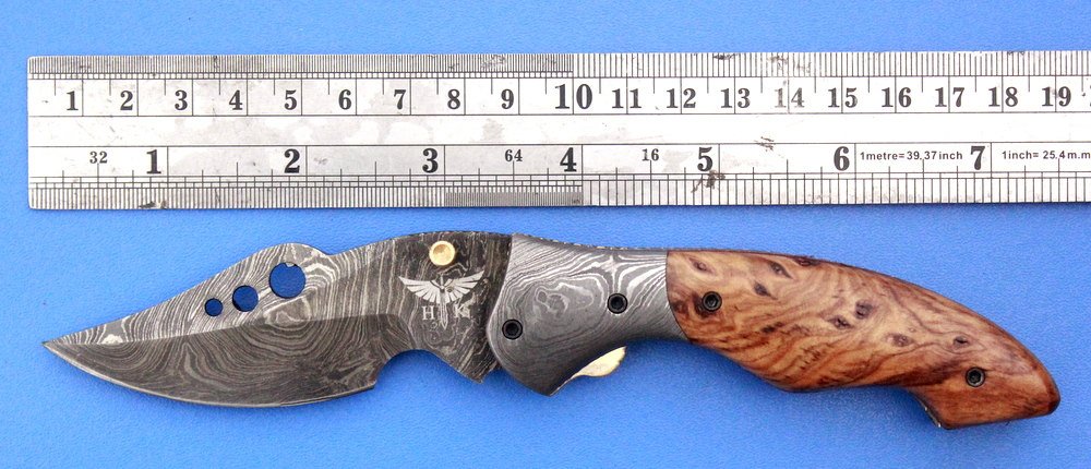 HTK 226 Damascus Skinner Style Folder / Pocket Knife / Handmade / Custom / Forged / Olive Wood Handle / Hand Filed Spine / UTILITY - HomeTown Knives