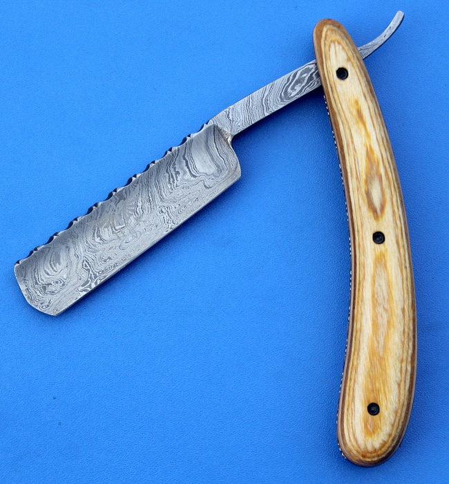 HTK 231 Damascus Straight Razor  / SHAVE / Handmade / Custom / Forged / Olive Wood Handle / Hand Filed Spine / UTILITY - HomeTown Knives