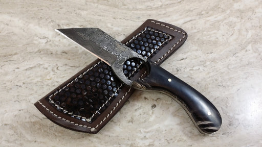 HTN-21 Damascus Knife Tool / Rev Tanto / Finger Hole / Handmade / Custom / Forged / Bull Horn - HomeTown Knives