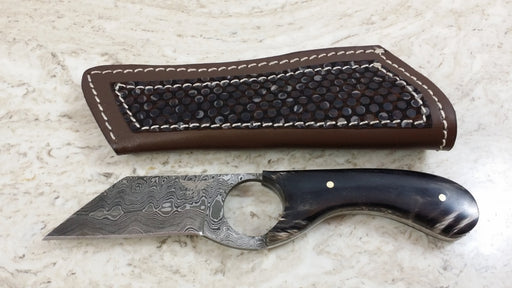 HTN-21 Damascus Knife Tool / Rev Tanto / Finger Hole / Handmade / Custom / Forged / Bull Horn - HomeTown Knives