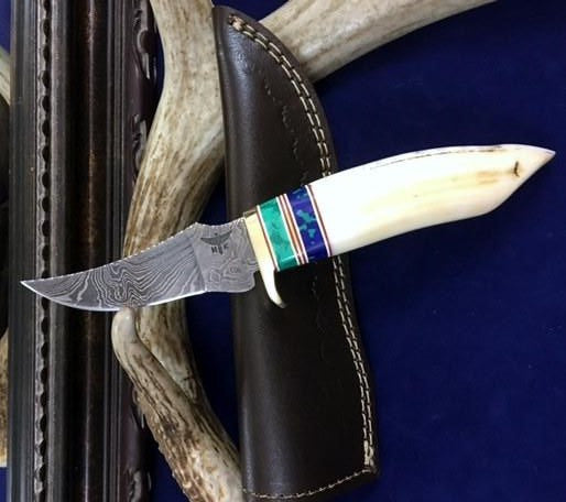 HTKVN1 Custom Handmade Damascus Steel Persian Knife / Skinner / HIPPOPOTAMUS TOOTH w/ Azurite Stone Handle / Only 1 Made / Exclusive!!! - HomeTown Knives