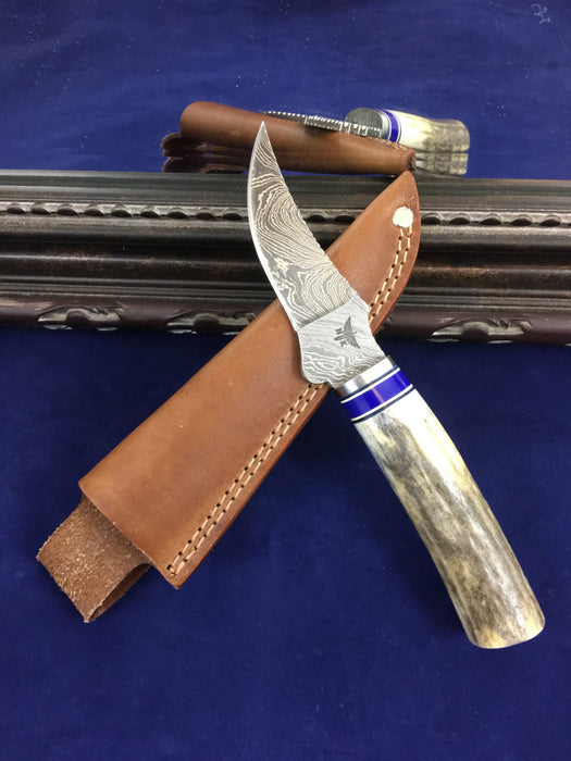 HTKVN2 Custom Handmade Damascus Steel Persian Knife / Skinner / Deer STAG Handle with Azurite Spacer/ Only One Made / Exclusive!!! - HomeTown Knives