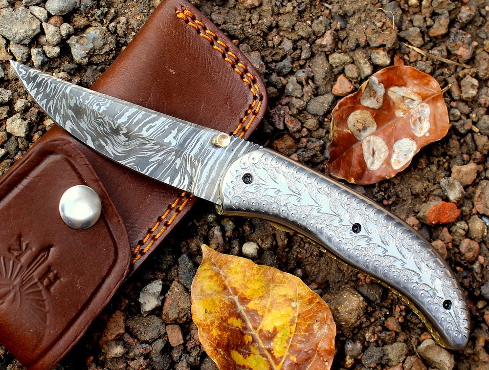 HTS-263 Damascus Folder / Hand Made / Custom / Stainless Steel handle / Liner Lock
