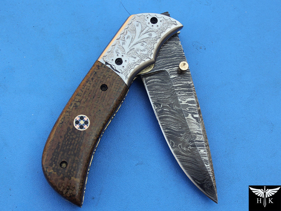 HTK-265  Damascus Knife custom handmade Folder / Micarta handle / Stainless steel bolster / Liner Lock