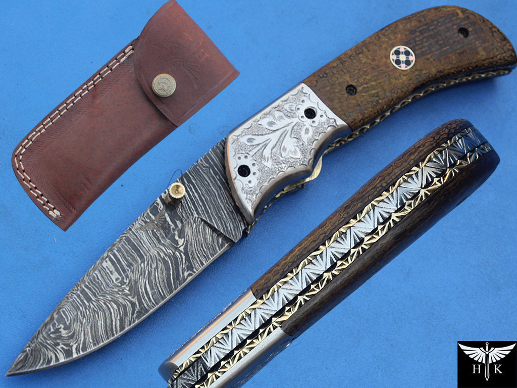 HTK-265  Damascus Knife custom handmade Folder / Micarta handle / Stainless steel bolster / Liner Lock