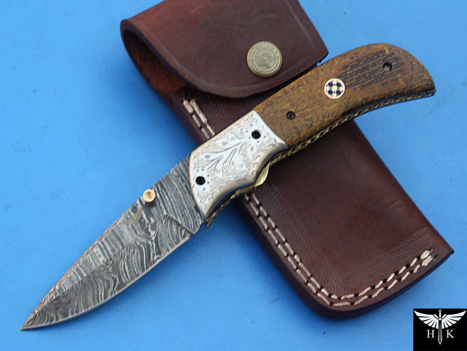 HTK-265  Damascus Knife custom handmade Folder / Micarta handle / Stainless steel bolster / Liner Lock