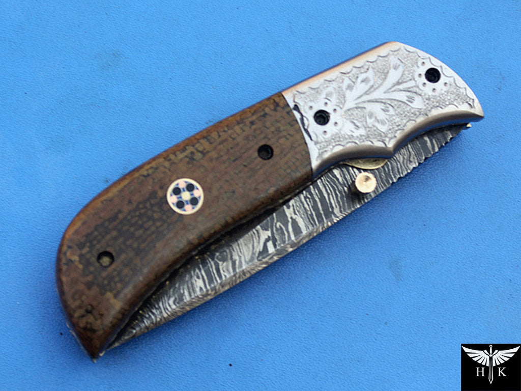 HTK-265  Damascus Knife custom handmade Folder / Micarta handle / Stainless steel bolster / Liner Lock