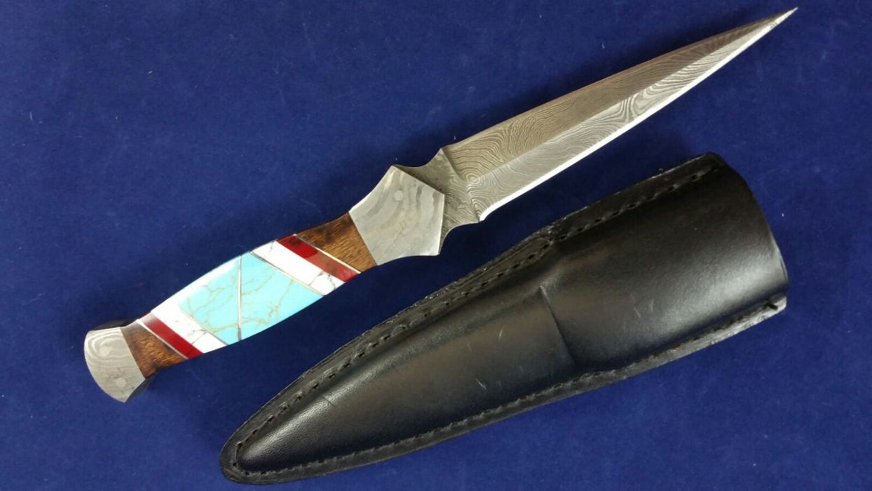 HTKVN4 Custom Handmade Damascus steel BOOT Knife/ Dagger Knife / Turquoise Bone + Walnut + Camel Bone Handle / EXCLUSIVE - HomeTown Knives