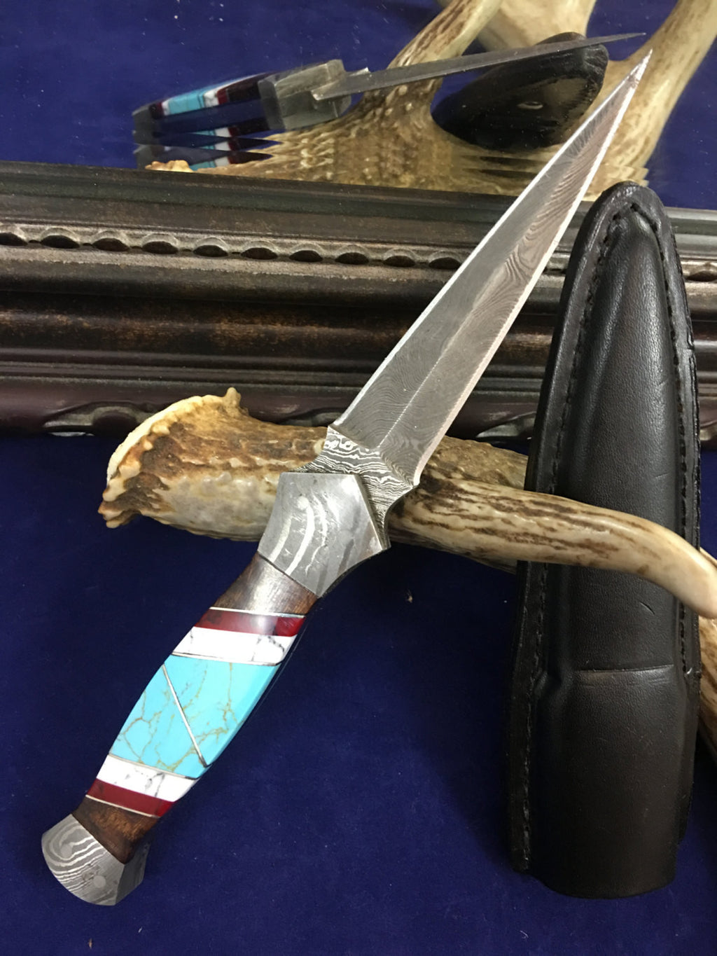 HTKVN4 Custom Handmade Damascus steel BOOT Knife/ Dagger Knife / Turquoise Stone + Walnut + Camel Bone Handle / EXCLUSIVE - HomeTown Knives