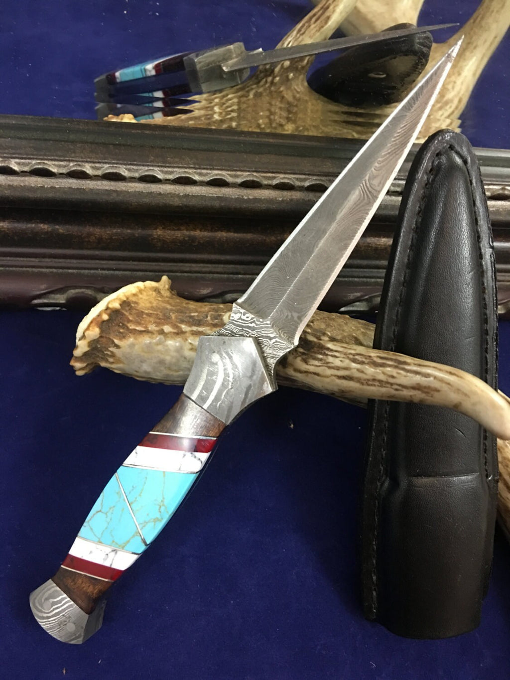 HTKVN4 Custom Handmade Damascus steel BOOT Knife/ Dagger Knife / Turquoise Bone + Walnut + Camel Bone Handle / EXCLUSIVE - HomeTown Knives