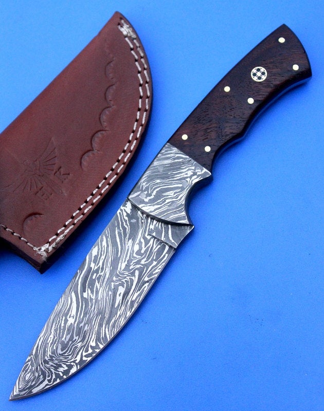 HTK -253 Damascus  Knife/ Skinner / Hunting / Camping / Hand Made / Custom / Rose Wood Handle - HomeTown Knives