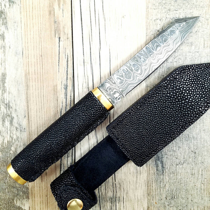 HTN12 Japenese Reverse Tanto with stingray wrapped handle.  Sanmai 3 layered Damascus with 1095 core. - HomeTown Knives